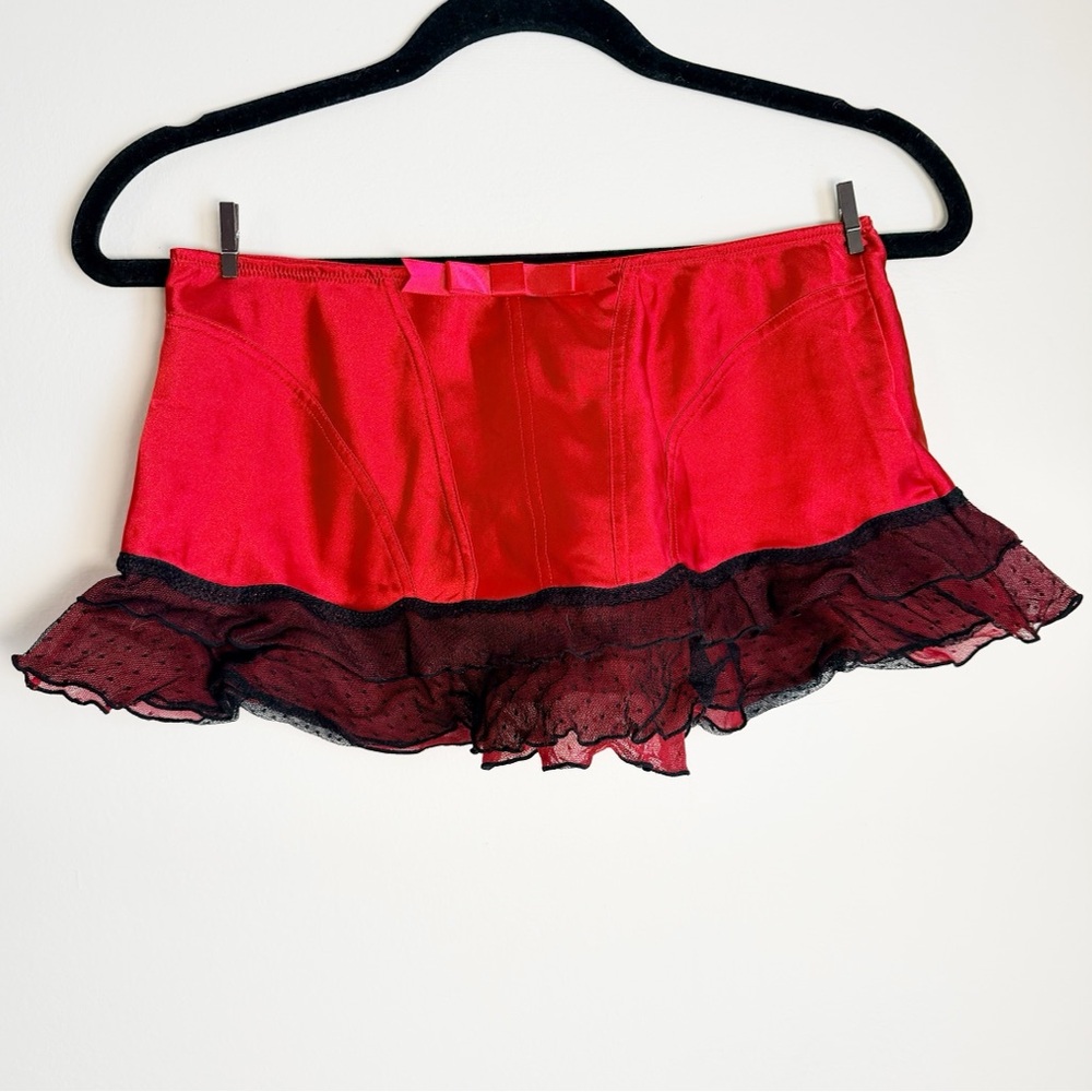 Jezebel Red Satin Corset Style Mini Skirt w/Black Polkadot Ruffles Lined w/Red